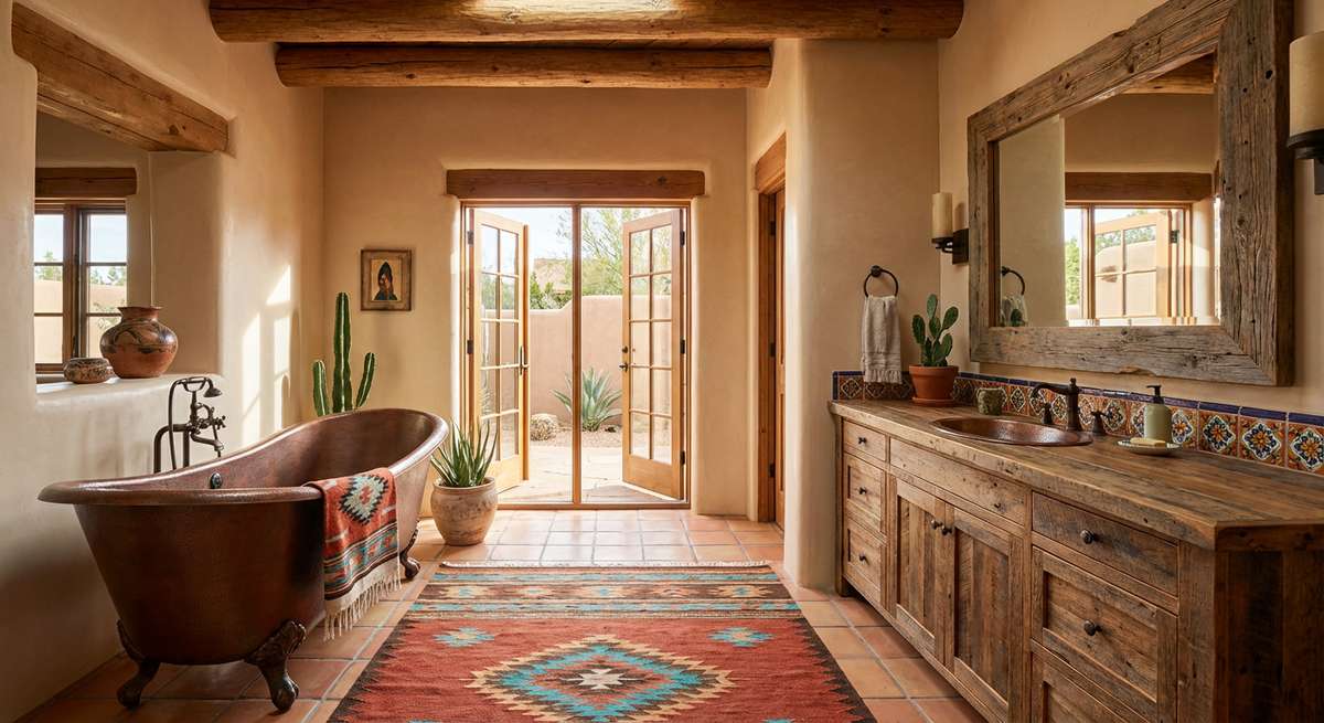 Minimalist southwestern bathroom with sandstone slabs glass shower wall oak vanity and warm desert sunlight