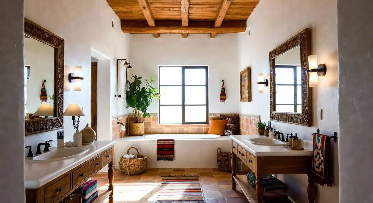 Light southwestern bathroom with sun bleached wood vanity turquoise tile accents and woven jute runner