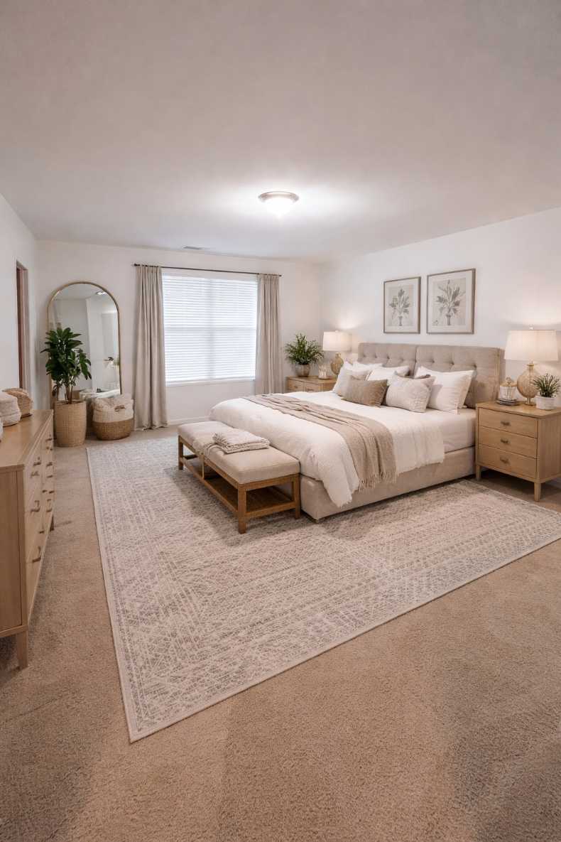 Spacious neutral bedroom with a large area rug and a bench at the foot of the bed