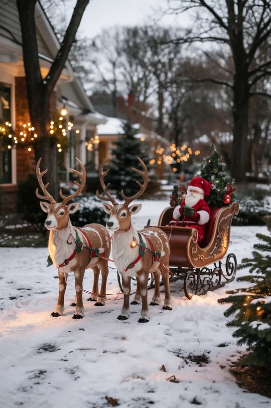 Front lawn showing elegant white wireframe reindeer sculptures with warm glowing LED lights.