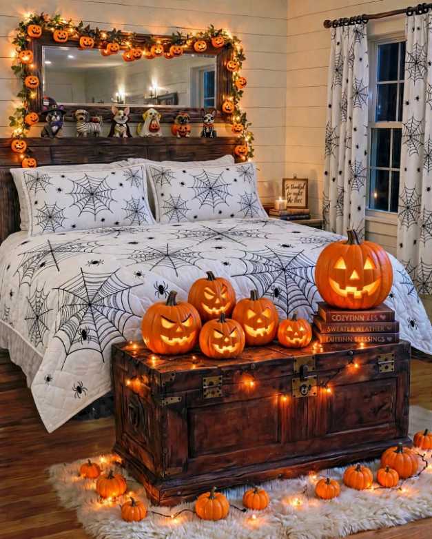 Bedroom with spider web quilt bedding and jack o lantern footboard chest.