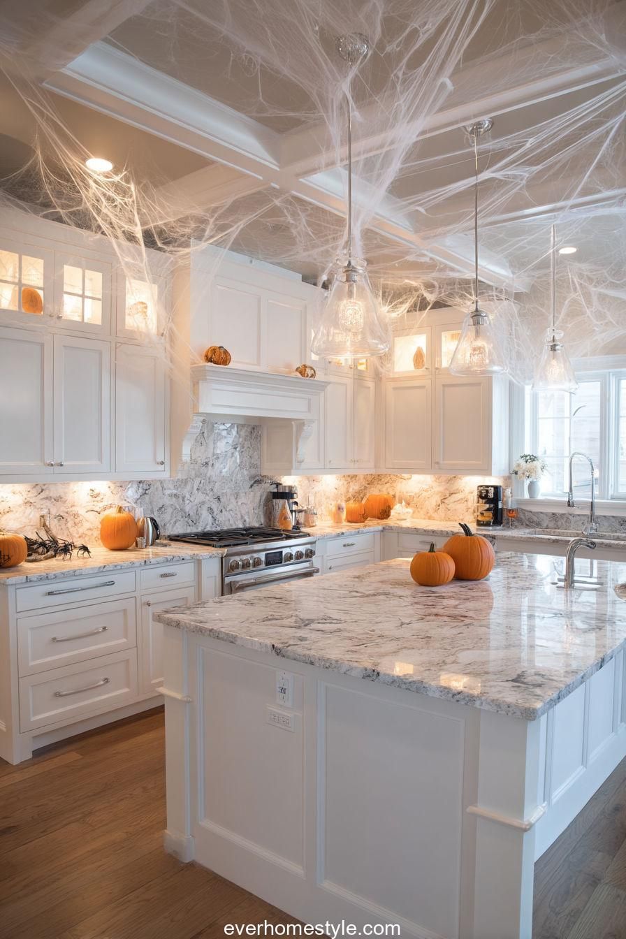 Luxury marble kitchen with a spiderweb ceiling canopy