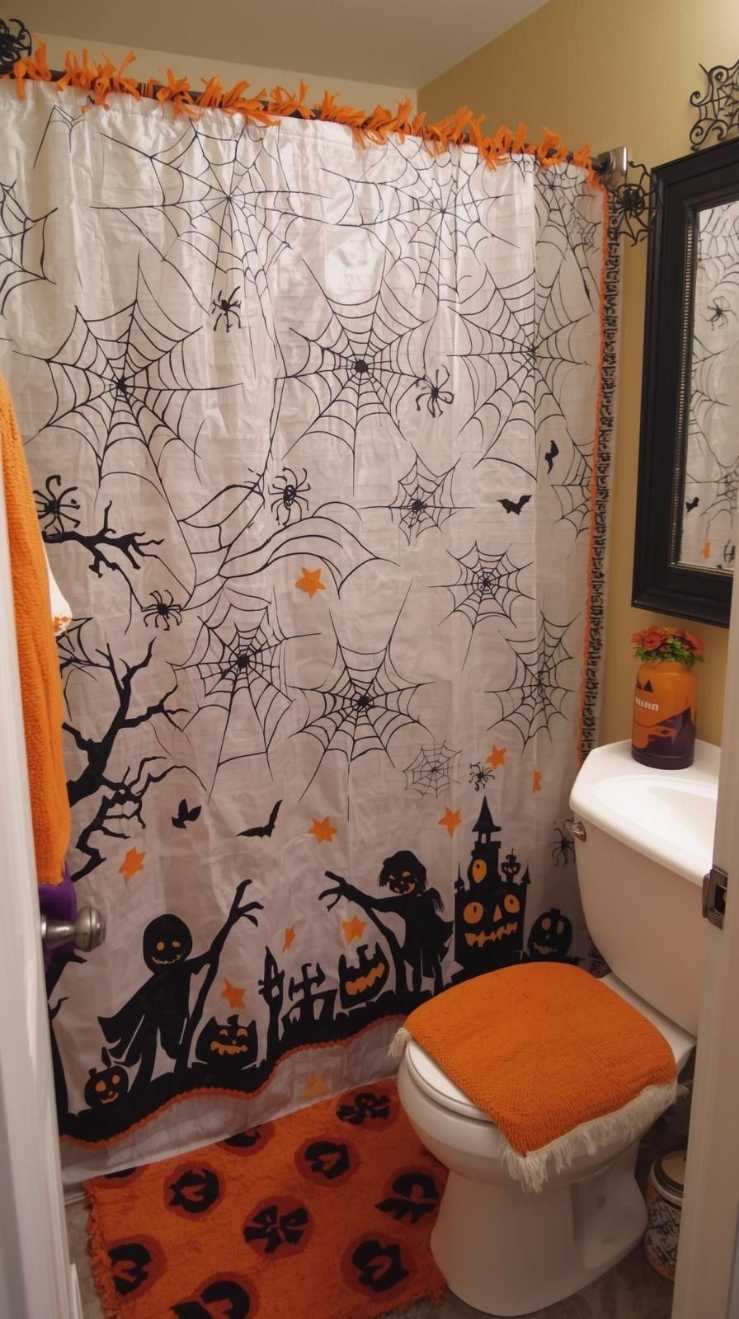 Shower curtain with spiderweb and haunted graveyard print, orange trim, matte white tiles, warm amber light.