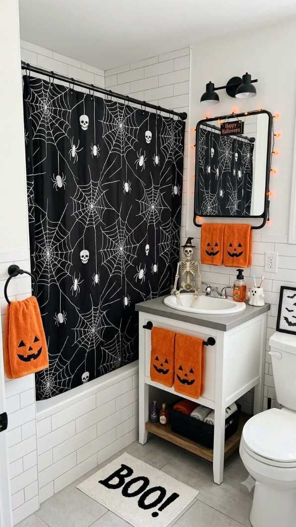 Shower curtain with spiderwebs and skull motif, pumpkin‑orange towels, rustic wood vanity, soft white lighting.