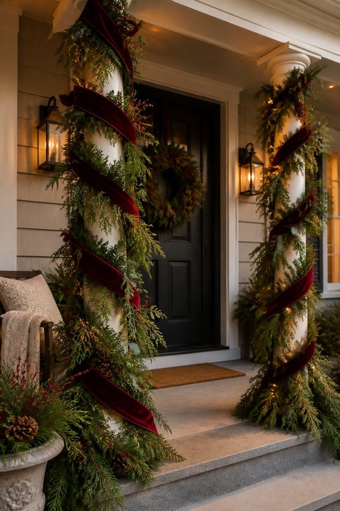 Front porch with spiral greenery arrangement, velvet ribbon, wooden bench, soft lighting