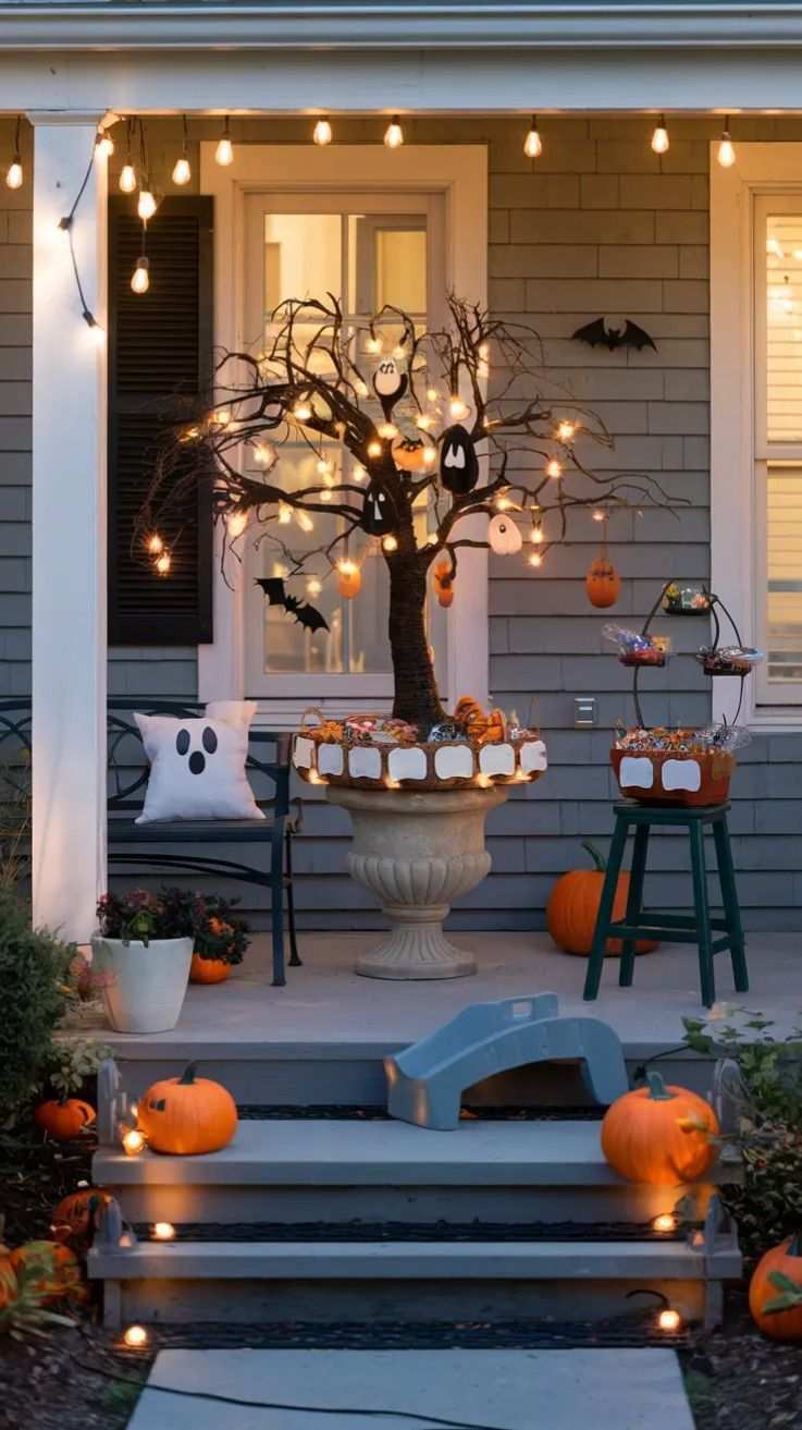 Porch with a spooky bonsai tree, an urn, and a ghost pillow.