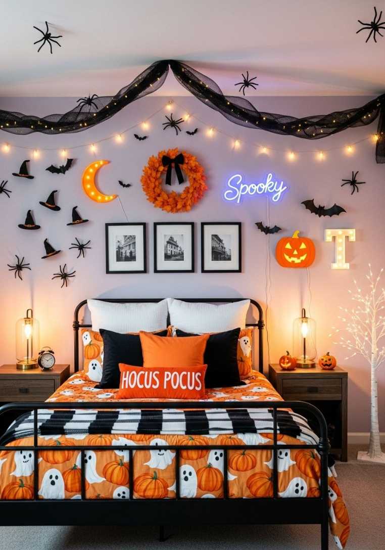 Bedroom with purple neon sign, hocus pocus pillow, and black bat wall decals.