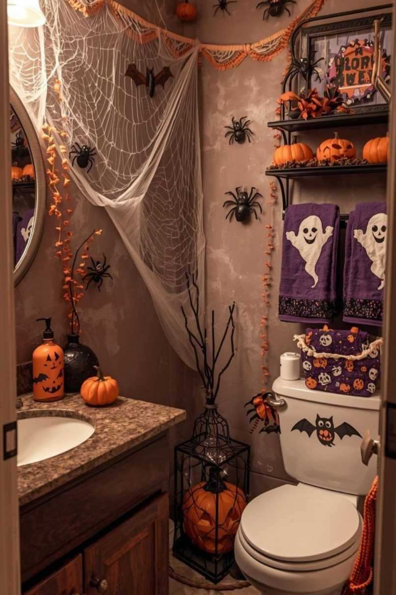 Small powder room, purple spiderweb decals, ghost‑pattern towels, brushed gold faucet, soft violet lighting.