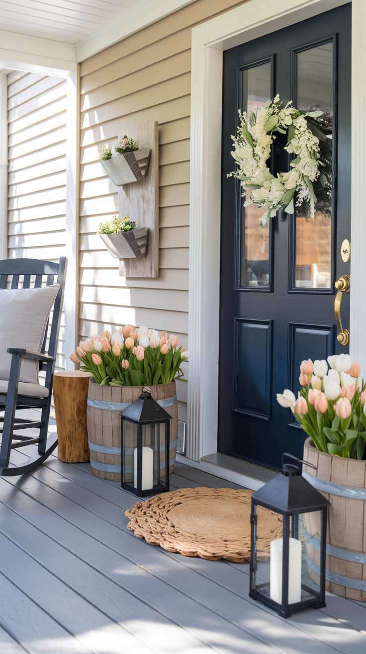 Front porch with painted front door, hanging garden baskets, and pastel lanterns