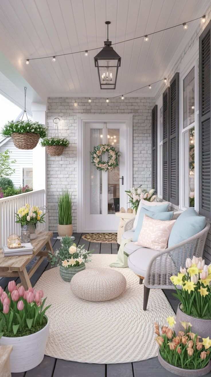 Front porch with woven rug, linen throw pillows, and ceramic vase with fresh cut flowers