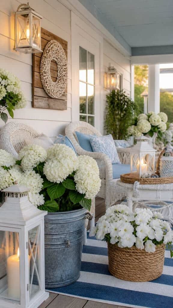 Front porch with light wicker furniture, pastel cushions, and blooming flower pots