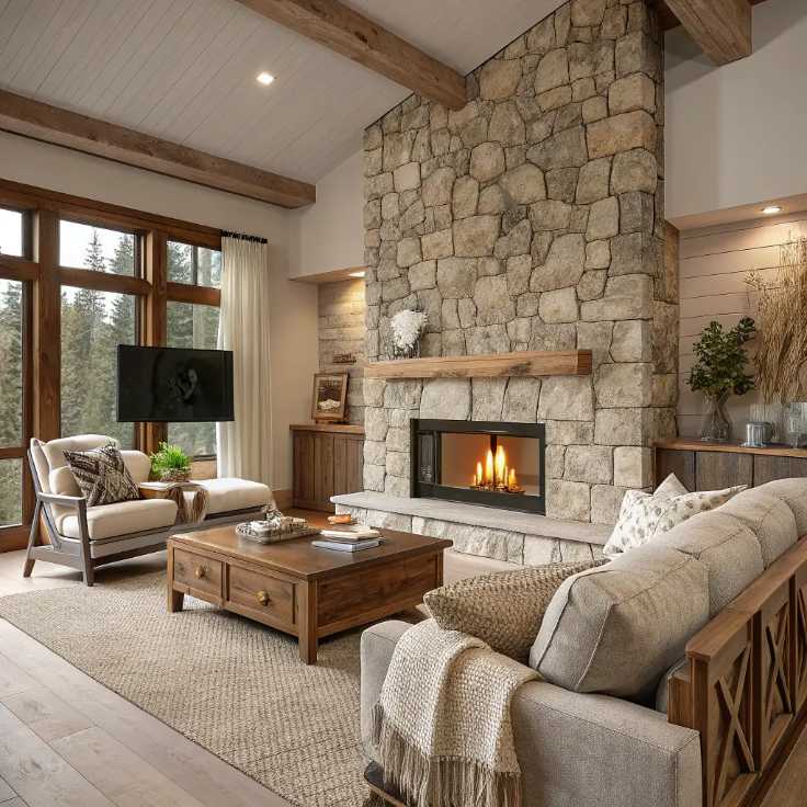 Living room with stacked stone fireplace, plush sofa, warm lighting, rustic coffee table.