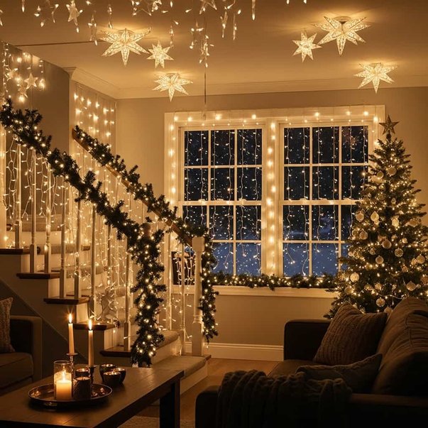 Grand staircase banister wrapped in thick evergreen garland, warm fairy lights, and hanging paper stars.