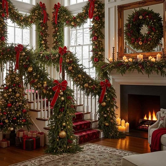 Two-story living room featuring cohesive staircase garland, crimson bows, and glowing stone fireplace hearth.