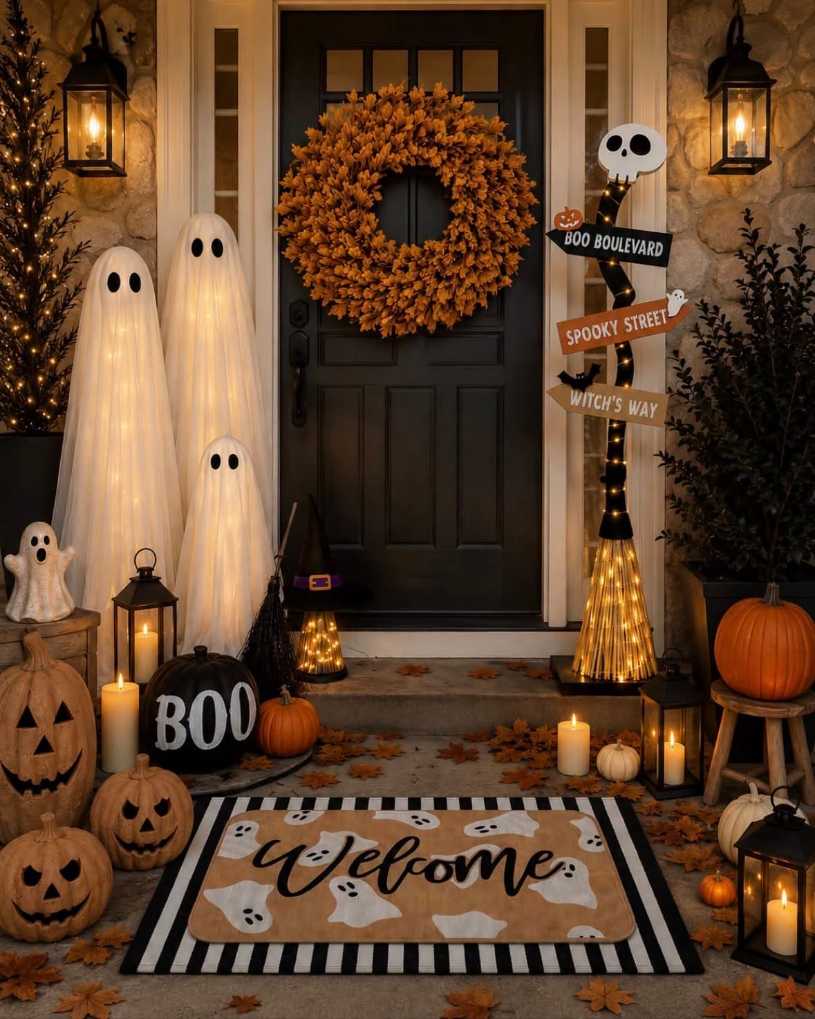 Porch with standing illuminated ghosts and a witch broom.