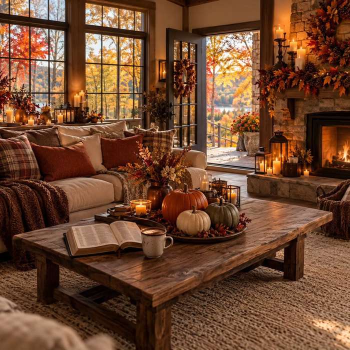 living room with stone fireplace, autumn view, pumpkins, candles, coffee table, muted earth tones