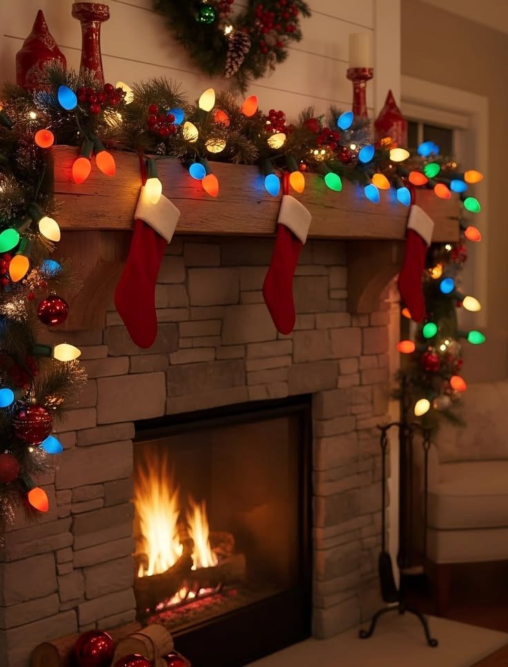Rustic stone fireplace wrapped in multi-colored string lights for a vibrant look.