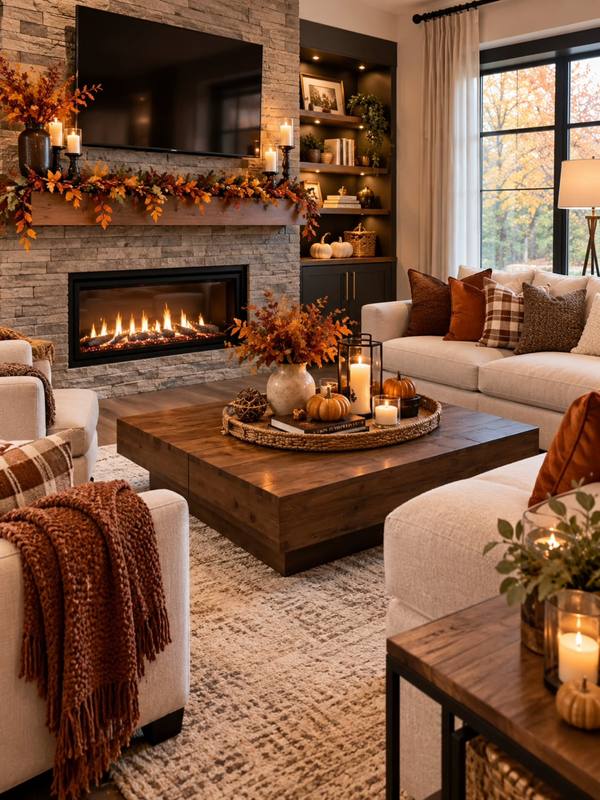 living room with stone fireplace, garland, sofas, pumpkin centerpiece, warm stone texture, muted lighting