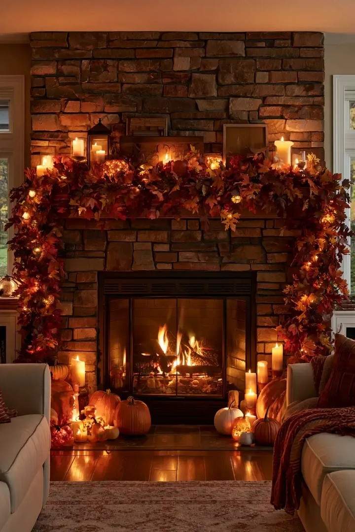 living room with stone fireplace, leaf garland, candles, natural wood, warm lighting