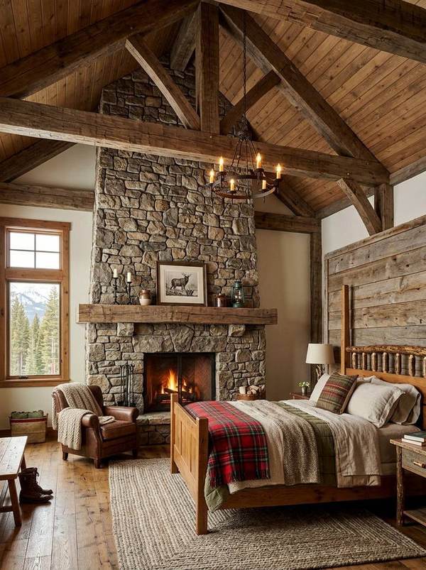 Rustic log cabin bedroom featuring a stone fireplace, red plaid pillows, and dark wood flooring