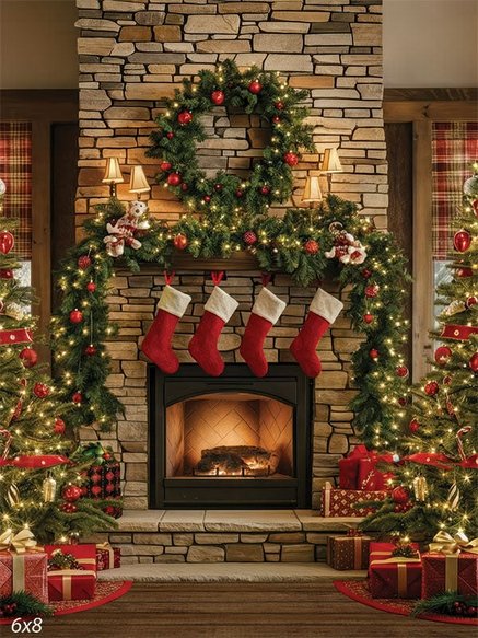 Rustic stone fireplace with a simple garland and three matching stockings.