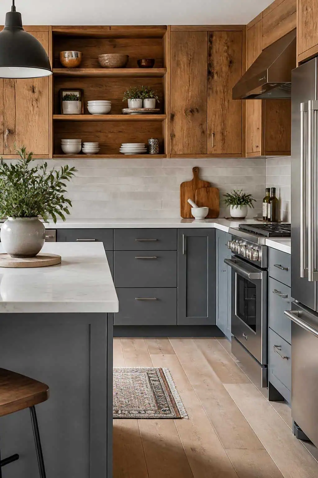 Kitchen design, stone gray lower cabinets, reclaimed wood upper shelves, industrial pendant lighting, concrete floor