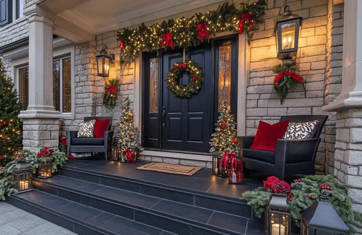 Rustic stone front porch decorated with lighted cedar swags, potted mini trees, and twin door wreaths.