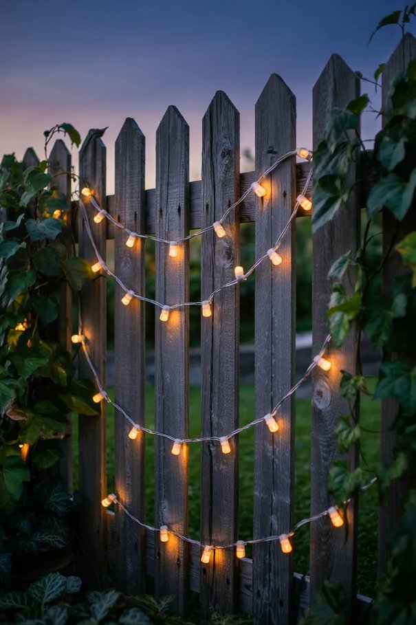 White wood garden picket fence adorned with swags of warm glowing string lights and evergreen sprigs.
