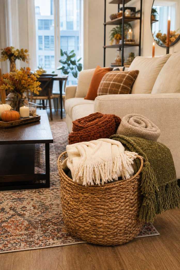 Wicker basket filled with folded knit blankets next to sofa easy access