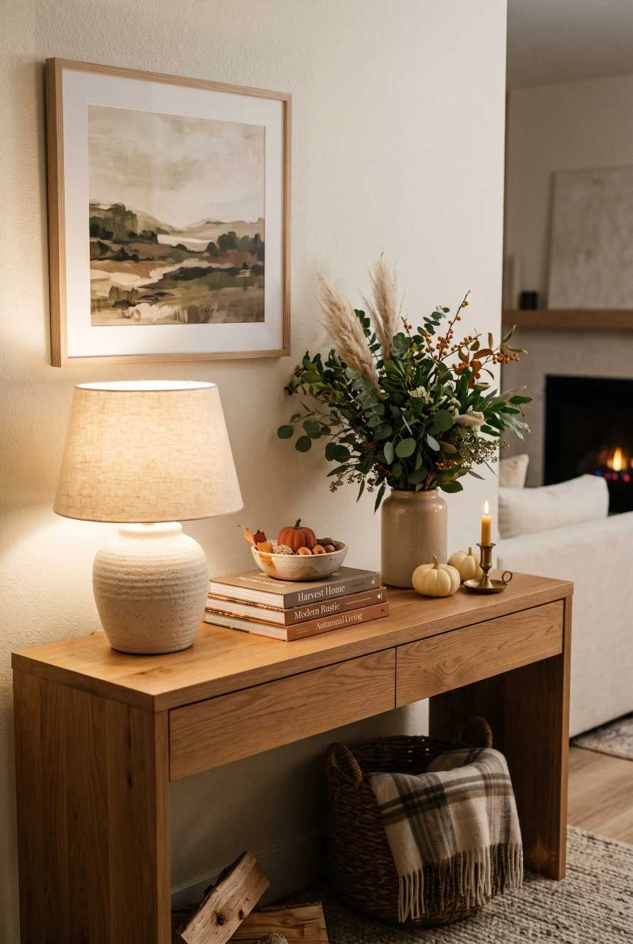 Console table with table lamp and vase of fall leaves balanced symmetrical look