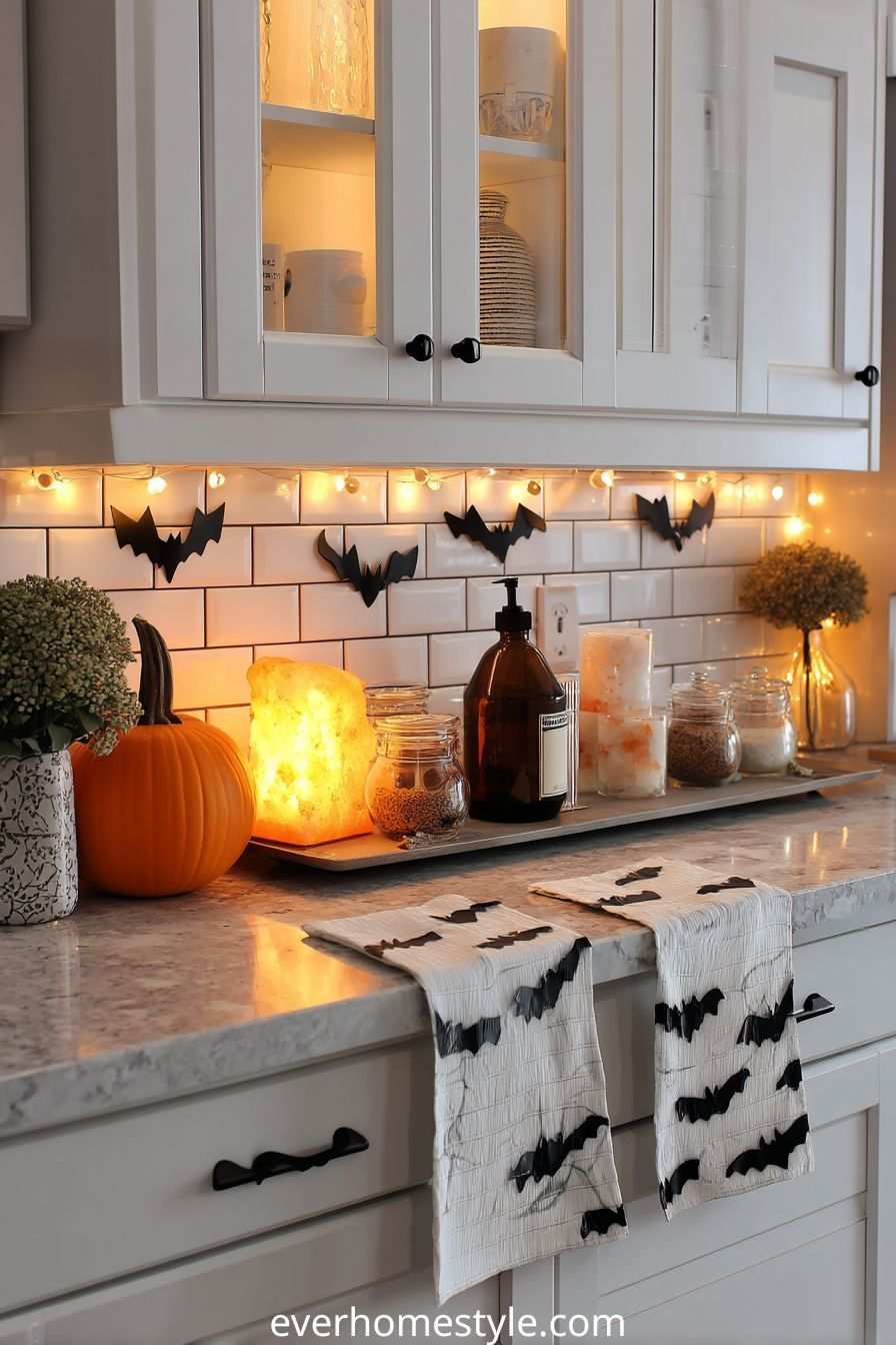Kitchen counter with subway tile backsplash bat garland and amber salt lamp