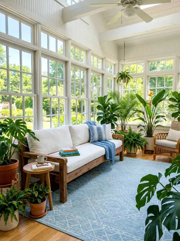 Sunroom daybed, tropical plants, rattan side table, sheer white curtains, bright natural light.