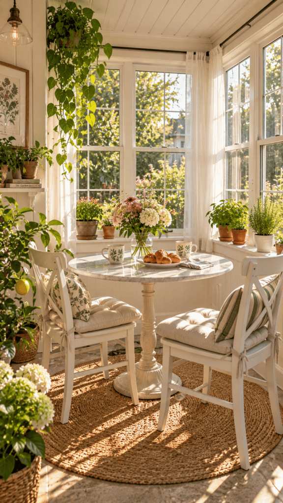 Bright breakfast nook with small bistro table, wicker chairs, sheer curtains, natural light.