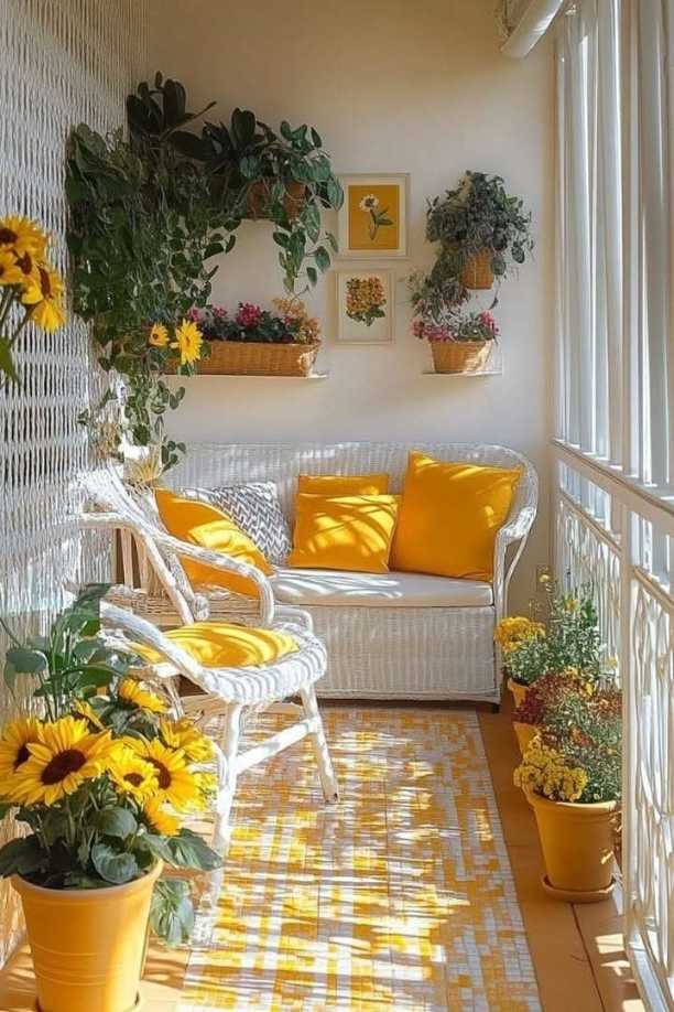 Bright balcony with sunflower arrangements, a wicker sofa, and vibrant yellow cushions.