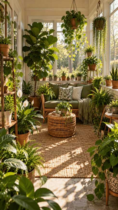 Sunroom with abundant indoor plants, rattan bench, light wood flooring, natural light.