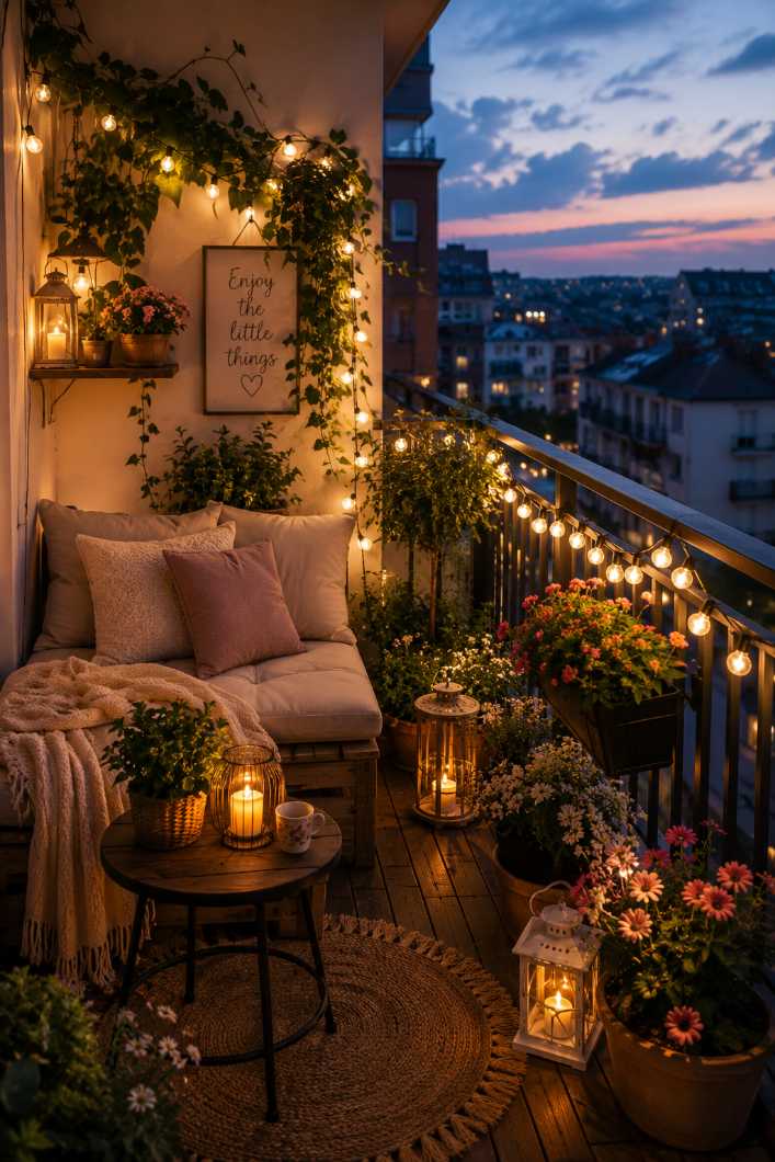 Sunset‑inspired balcony with a pallet daybed, fairy lights, and soft pastel cushions.