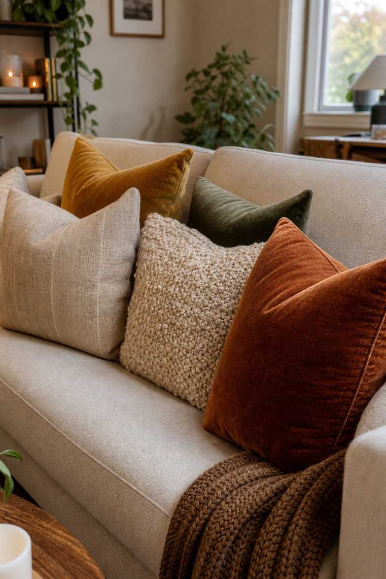 Sofa with velvet and linen pillows in rust and cream colors fresh seasonal update