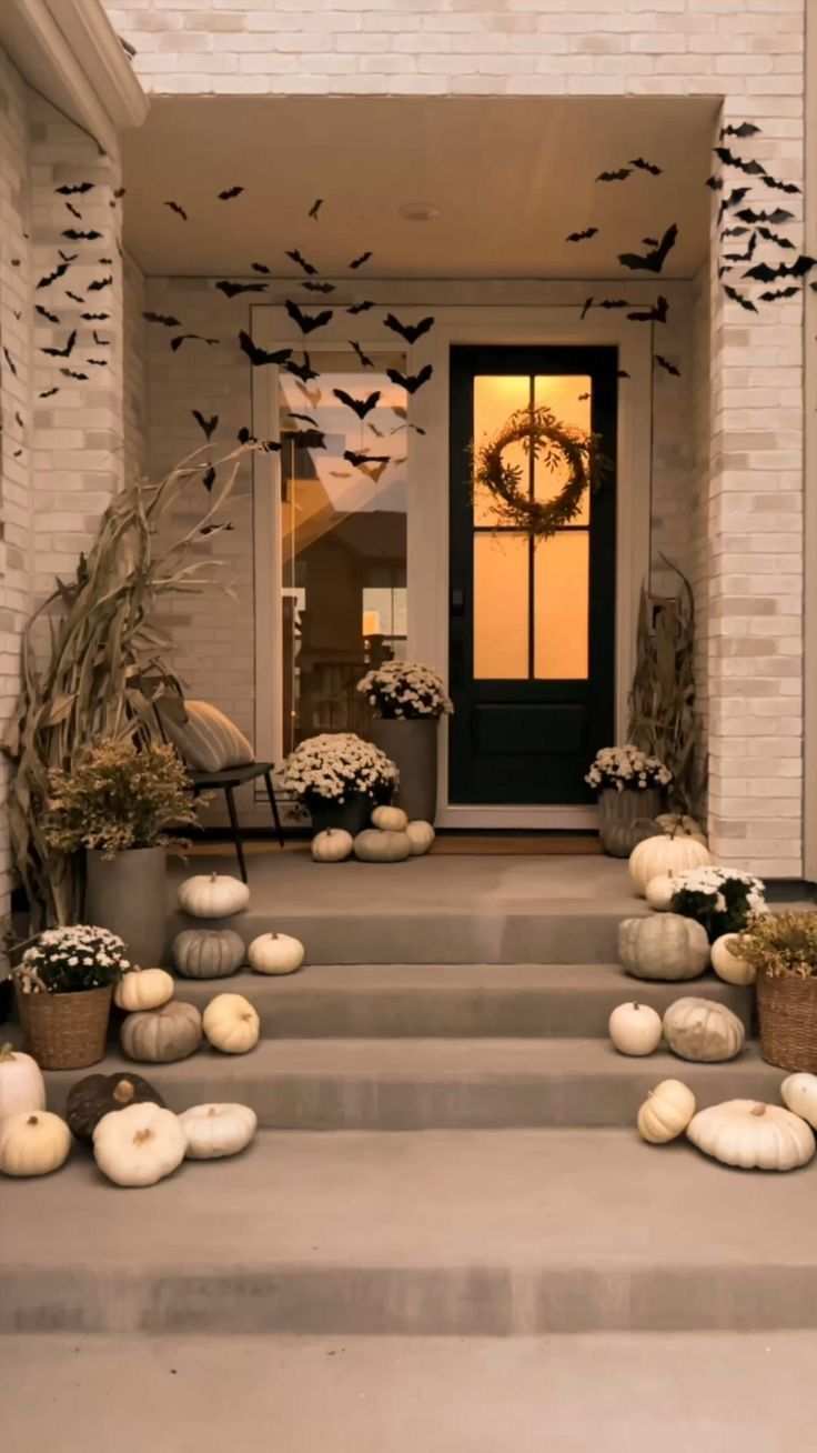 Modern porch with a swirling bat flock and white pumpkins.
