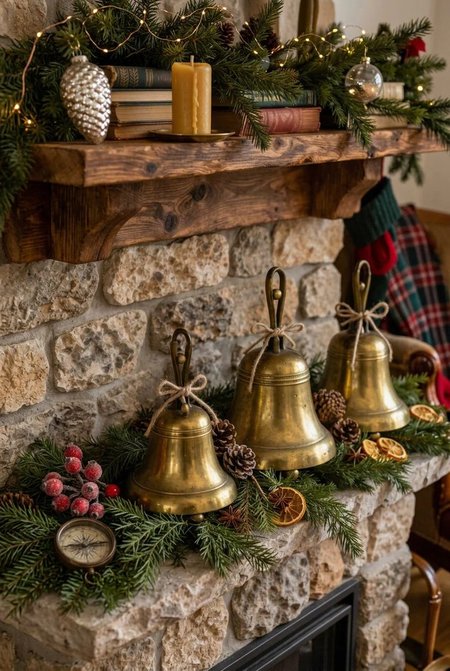 Modern organic living room fireplace with rustic cypress garland strung with tarnished vintage brass bells