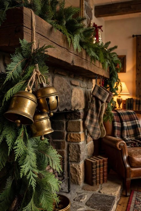 Intimate hearth decorated with antique golden brass bells interwoven into frosted olive branch garland
