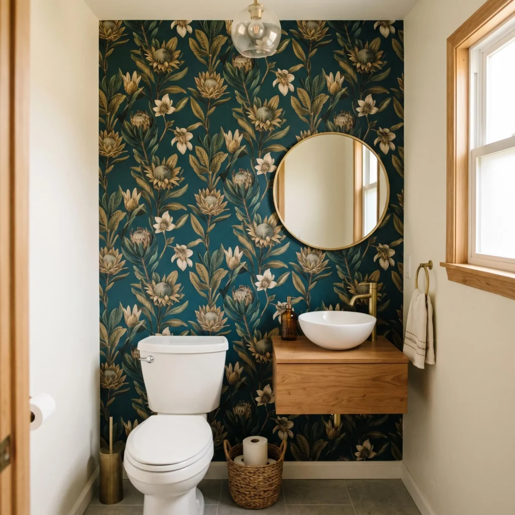 Half bathroom featuring teal accent wall, botanical wallpaper, floating vanity, natural wood.