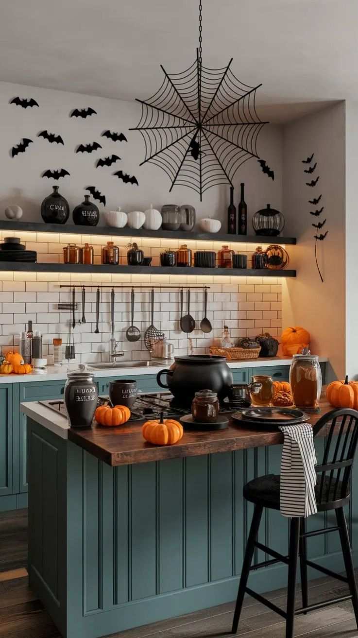 Teal kitchen island with wire spiderweb floating shelves and minimal decor