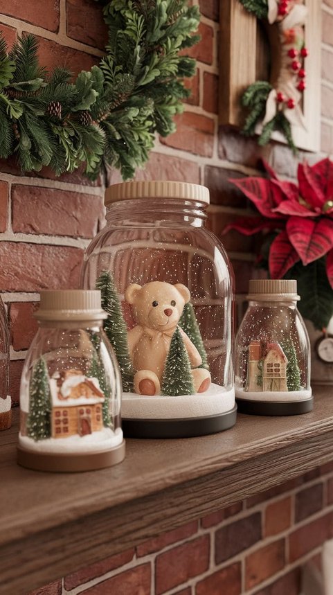 Glass jars containing teddy bears in snow, placed on a shelf with soft warm lighting.