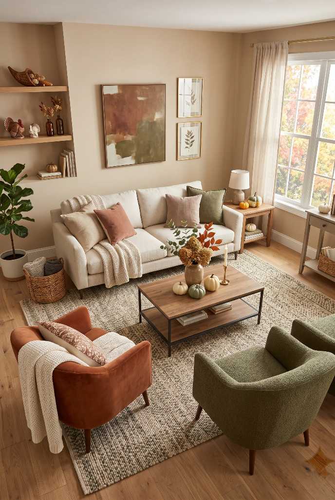 Terracotta armchair and olive green chair facing each other bold color pairing
