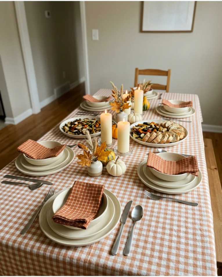 Terracotta gingham tablecloth with pillar candles
