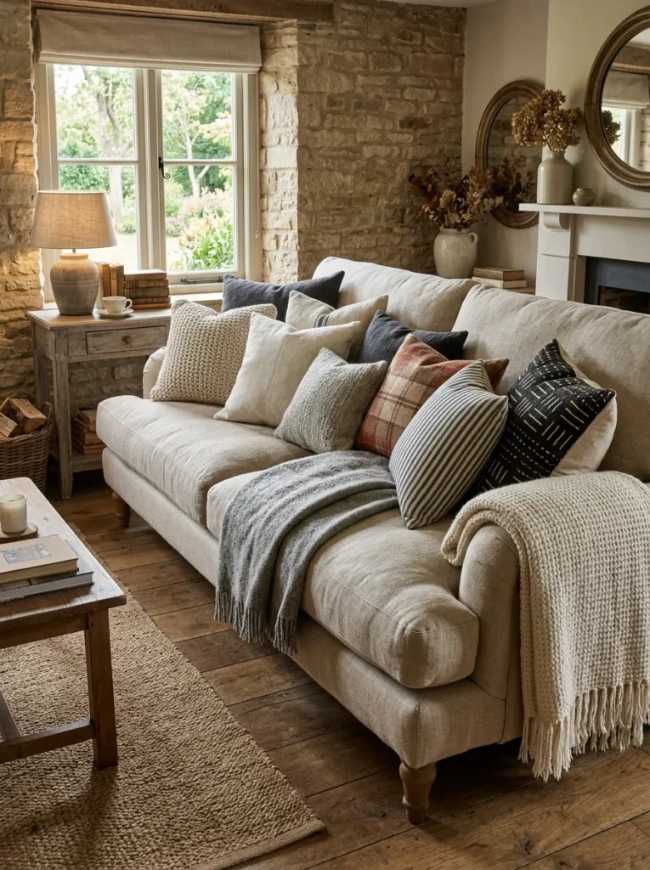 Living room sofa with textured cushions, exposed stone accent wall, soft lighting, rustic rug.