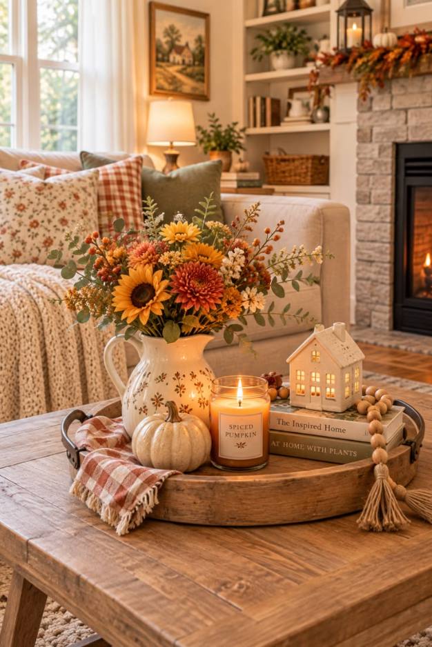Living‑room coffee table with tray, pumpkin, mixed flowers, lit candle, soft evening glow
