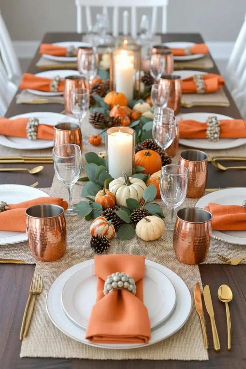 Kitchen island with copper mugs, tiny pumpkins, sprigs of greenery, natural daylight