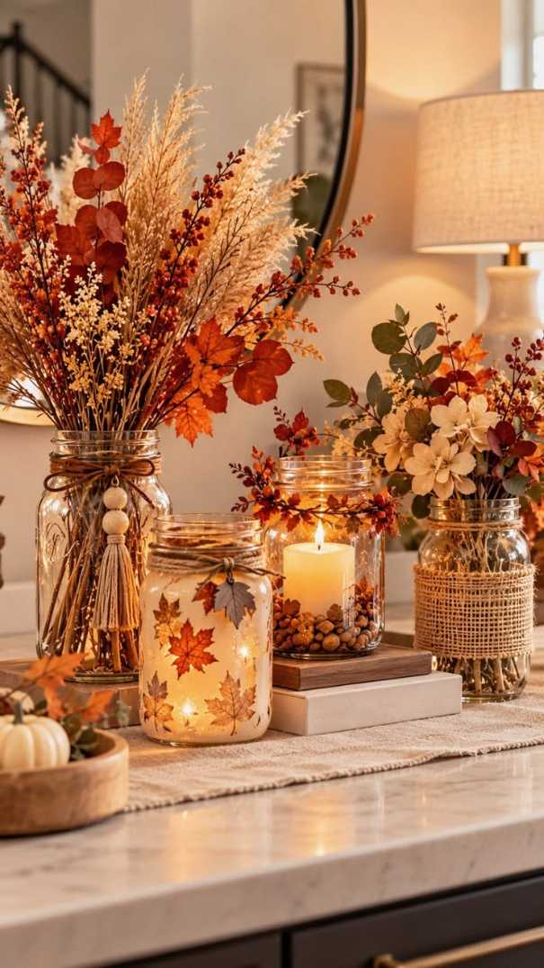 Long dining table with white pumpkins, tall taper candles, linen runner, ambient warm lighting