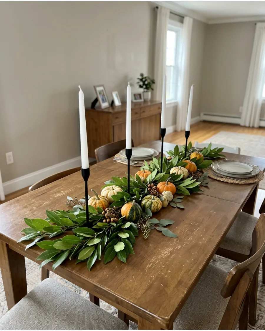 Farmhouse kitchen with DIY pumpkin wrapped in twine, dried branches, soft natural light